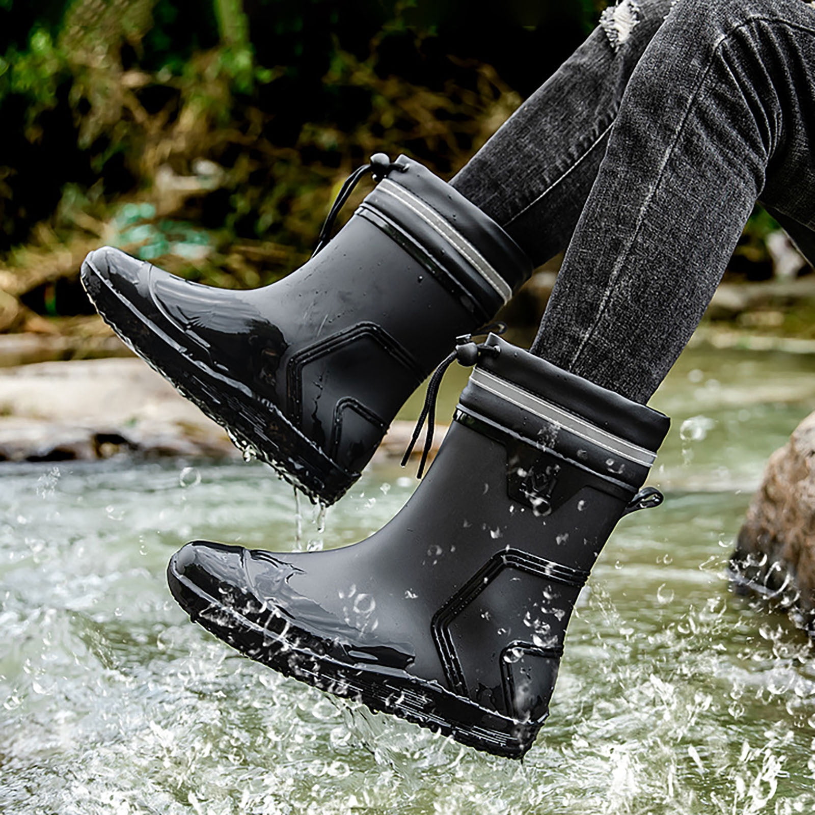 TIREOW Men Rain Boots Waterproof Boots Knee Mid Rubber Boots with PVC Mud Boots Comfort Lightweight Gardening Fishing Shoes for Yard Farm Outdoor Work