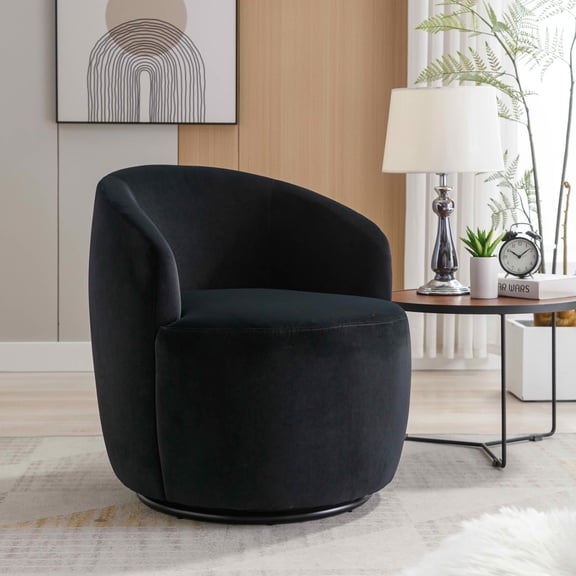 MAYEERTY Velvet Fabric Swivel Accent Armchair Barrel Chair, with Black Powder Coating Metal Ring, Black