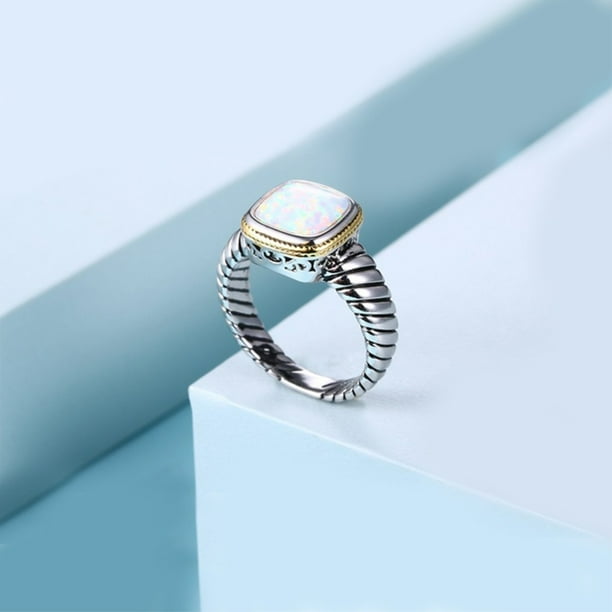 Bague de fian ailles en placage de rhodium oxyd avec opale de feu