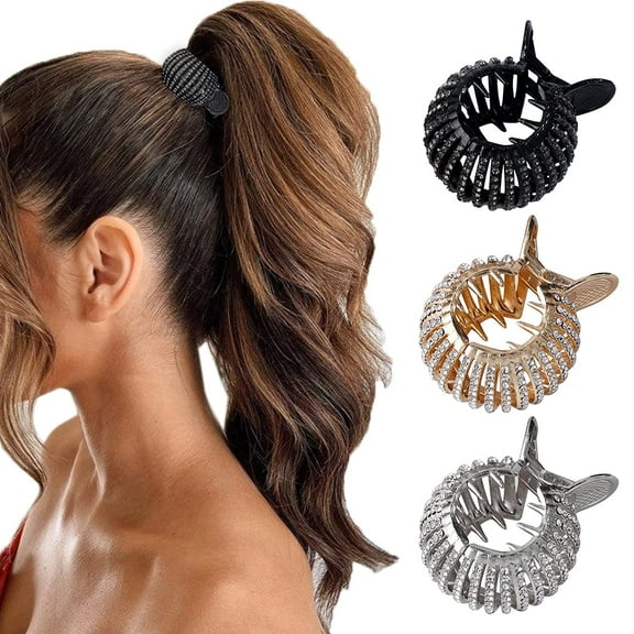 Rhinestone Small Hair Claw Clips for High Ponytail, Shining Shark Hair Clips for Women Thick Long Hair (3 Colors, Pack of 3)