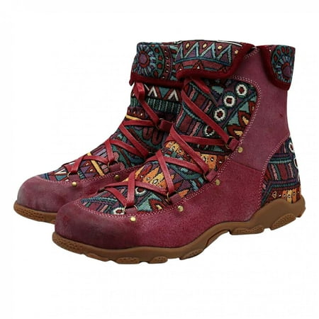 

LoyisViDion Women S Ladies Retro Bohemian Style Boots Ankle Zip Short Boots Booties Casual Shoes Red 6(36)