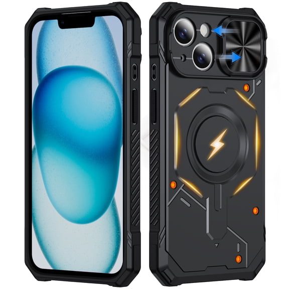 for iPhone 15 Case with Sliding Camera Cover, Compatible with MagSafe, Rugged Shockproof Bumper Cases Heavy-Duty Magnetic Protective Phone Cover for iPhone 15, Black