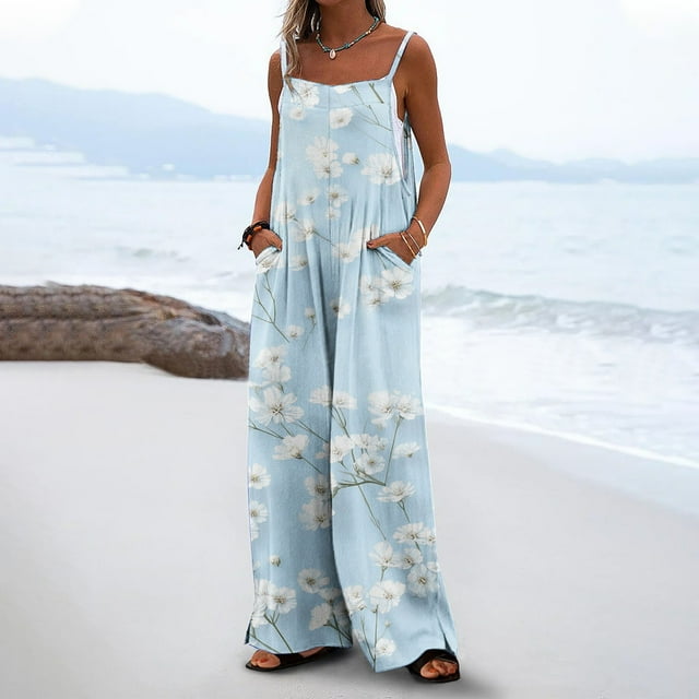 UPPADA Women's Boho Loose Flowy Jumpsuits Casual Summer Outfits Sleeveless Spaghetti Strap Square Neckline Overalls Wide Leg Pants Suspender Rompers with Pockets Savings Light Blue,S