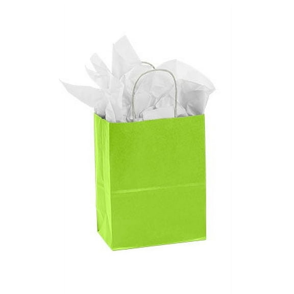 SSWBasics Medium Lime Green Paper Shopping Bags - 8 ¼”L x 4 ¾”D x 10 ½”H - Case of 100- Paper Bags with Handles - Sleek Paper Bags with Handles for Retail Shopping and Small Business Needs