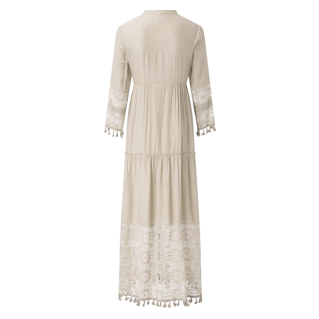fartey Maxi Dress for Women Bohemian Print V Neck Long Sleeve Plus Size Dress Lace Solid Color Tiered Loose Swing Dress