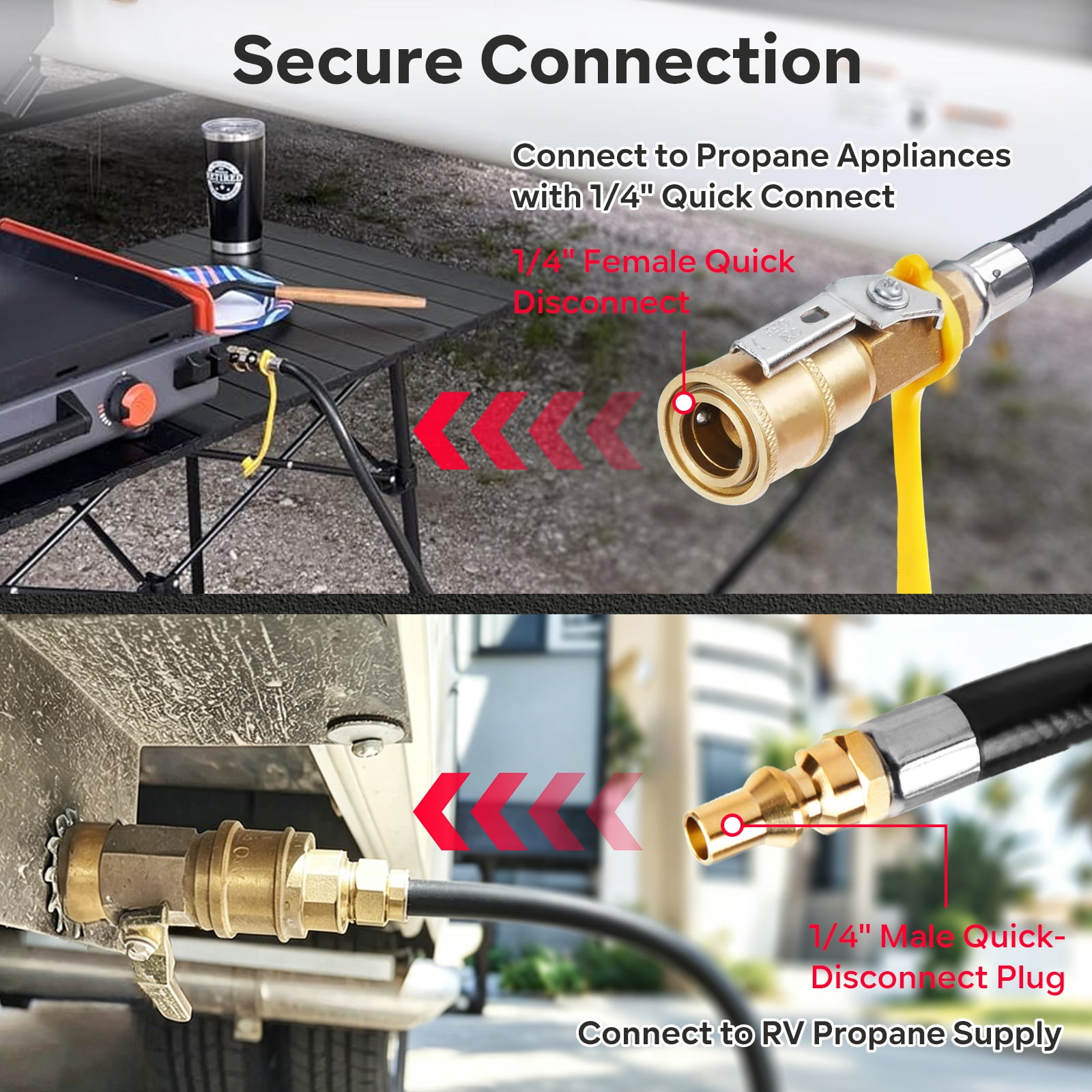 GASPRO RV Quick Connect Propane Hose 12FT, Low-Pressure Gas Extension Line with 1/4" Quick Disconnect, for BBQ Grills, Griddles, Fire Pits & Camping Stoves