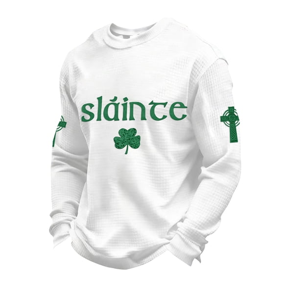 Dwelliawo St.patrick's Waffle Long Sleeve T Shirt Men Print Long Sleeve Waffle Knit T Shirt Loose Fit St Patricks Day Shamrock Irish Clover Graphic Shirts Round Neck Outfit White S