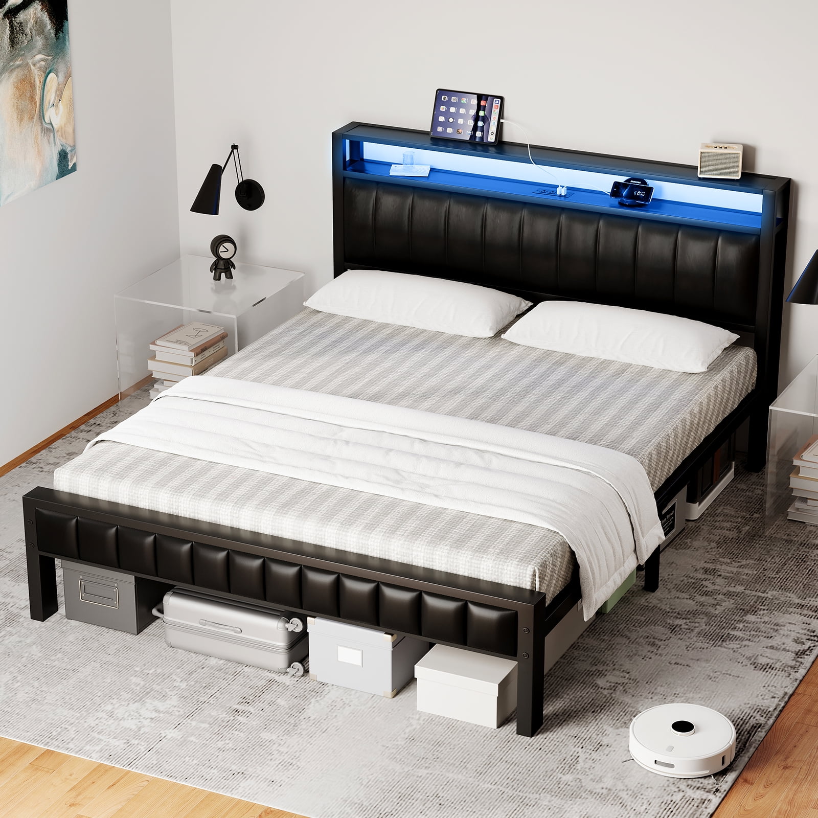 VanAcc Queen Size Platform Bed Frame, LED &Charging Station, 2-Tier Storage Headboard, Black