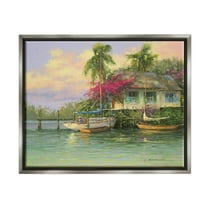 Tropical Vacation Seaside House Landscape Painting Luster Gray Framed Art Print Wall Art