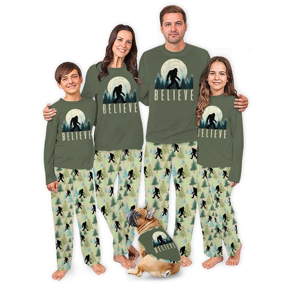 Believe Bigfoot Matching Christmas Pajamas Long Sleeve, Sasquatch Matching Holiday Pajamas With Dog, Cotton And Poly Blend