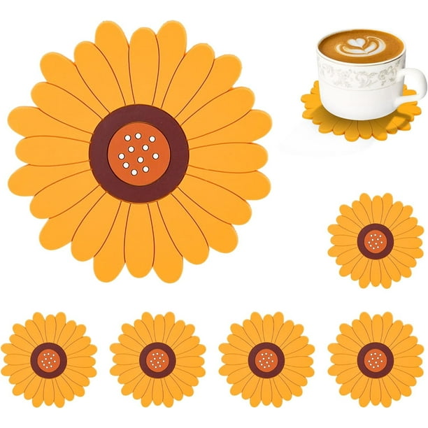 Posavasos de flores para bebidas, 6 unidades, bonitos posavasos de silicona antideslizantes, lavables, reutilizables, resistentes al calor (girasol, amarillo)