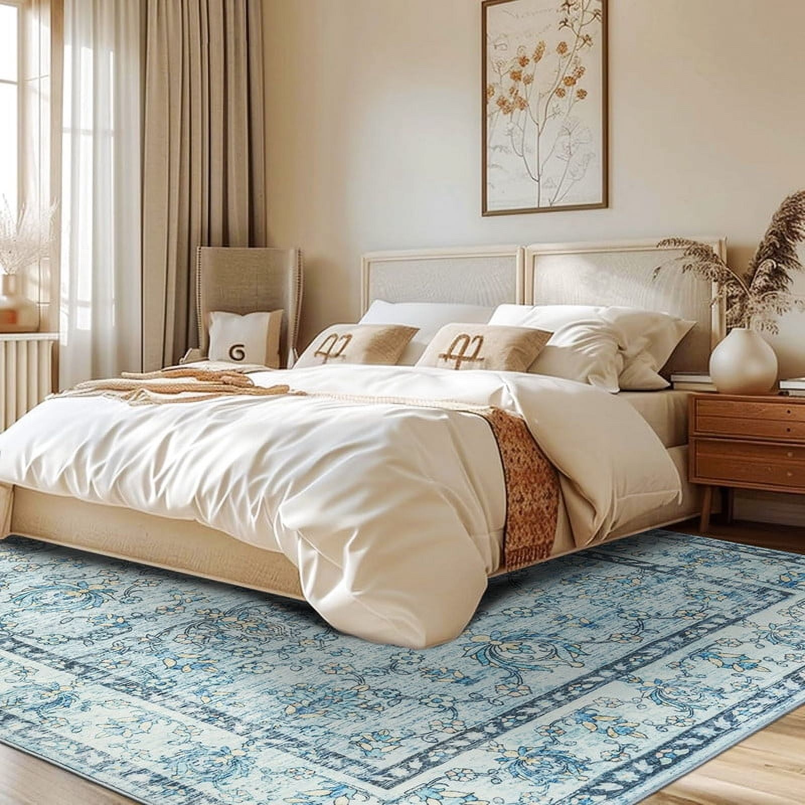 Jamfeel Washable Rugs Ultra-Thin Soft Non-slip Vintage Printed Area Rug Low-Pile Carpet for Living Room Indoor Decor 8'x10' Blue