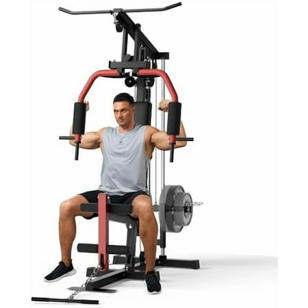 Multifunctional Home Gym Equipment (300LBS capacity): Lat pulldown, chest press, leg extension. Fits 1"/2" plates (not included). Heavy-duty steel/pulley.