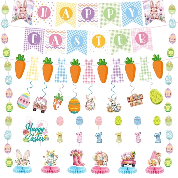Tumao Easter Party Supplies and Decorations, Easter Party Decorations Set Include Cake Topper Banner Hanging Swirls Honeycomb Centerpiece