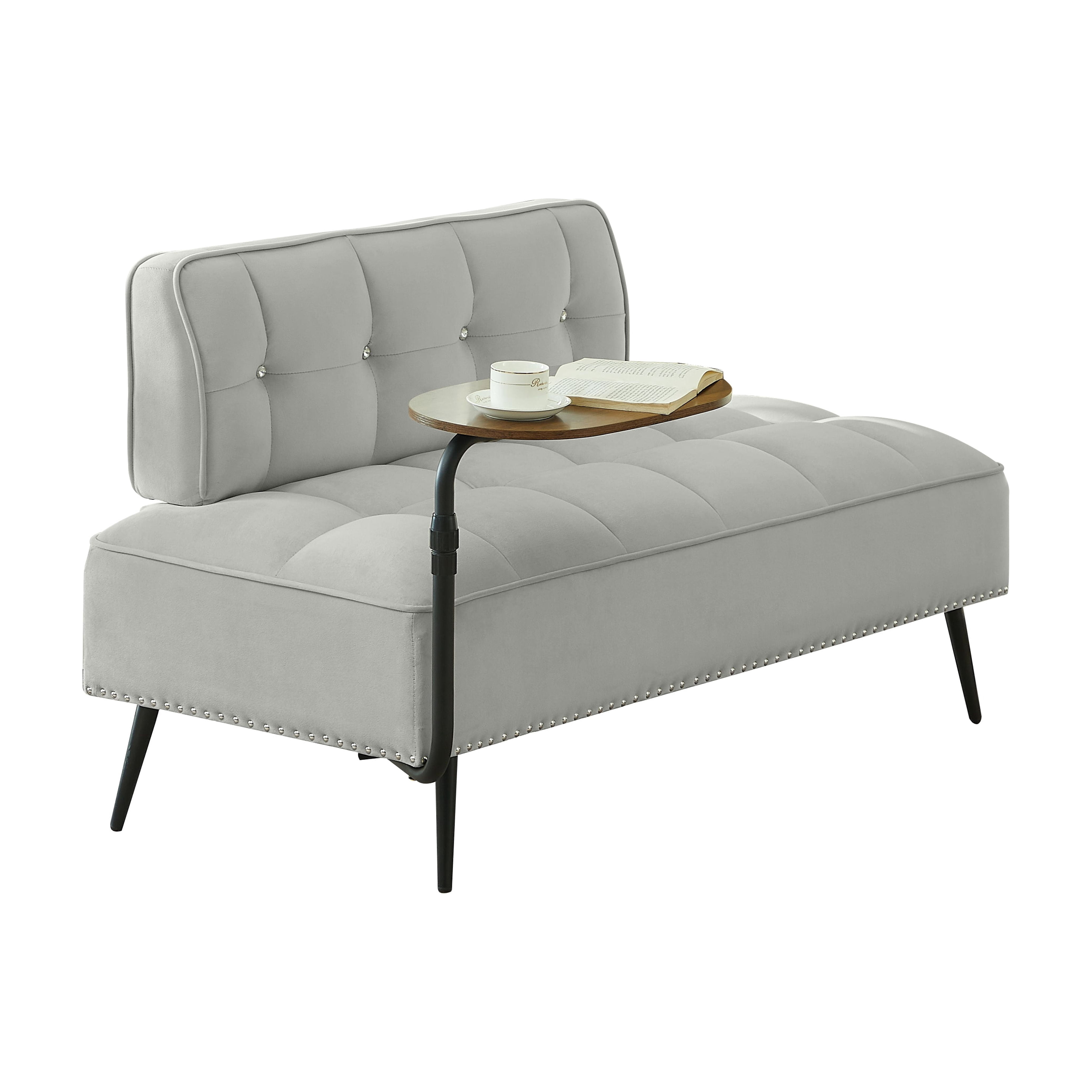 Modern Two-Seater Velvet Sofa with 360° Rotating Side Table, Entryway Ottoman Bench with Backrest for Living Room, Bedroom, Apartment, Space Saver, Gray