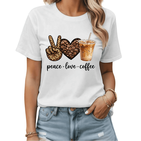 Peace Love Coffee Leopard Print Iced Coffee Graphic Tees Womans Tshirt Shirts Black White S-5XL Tops