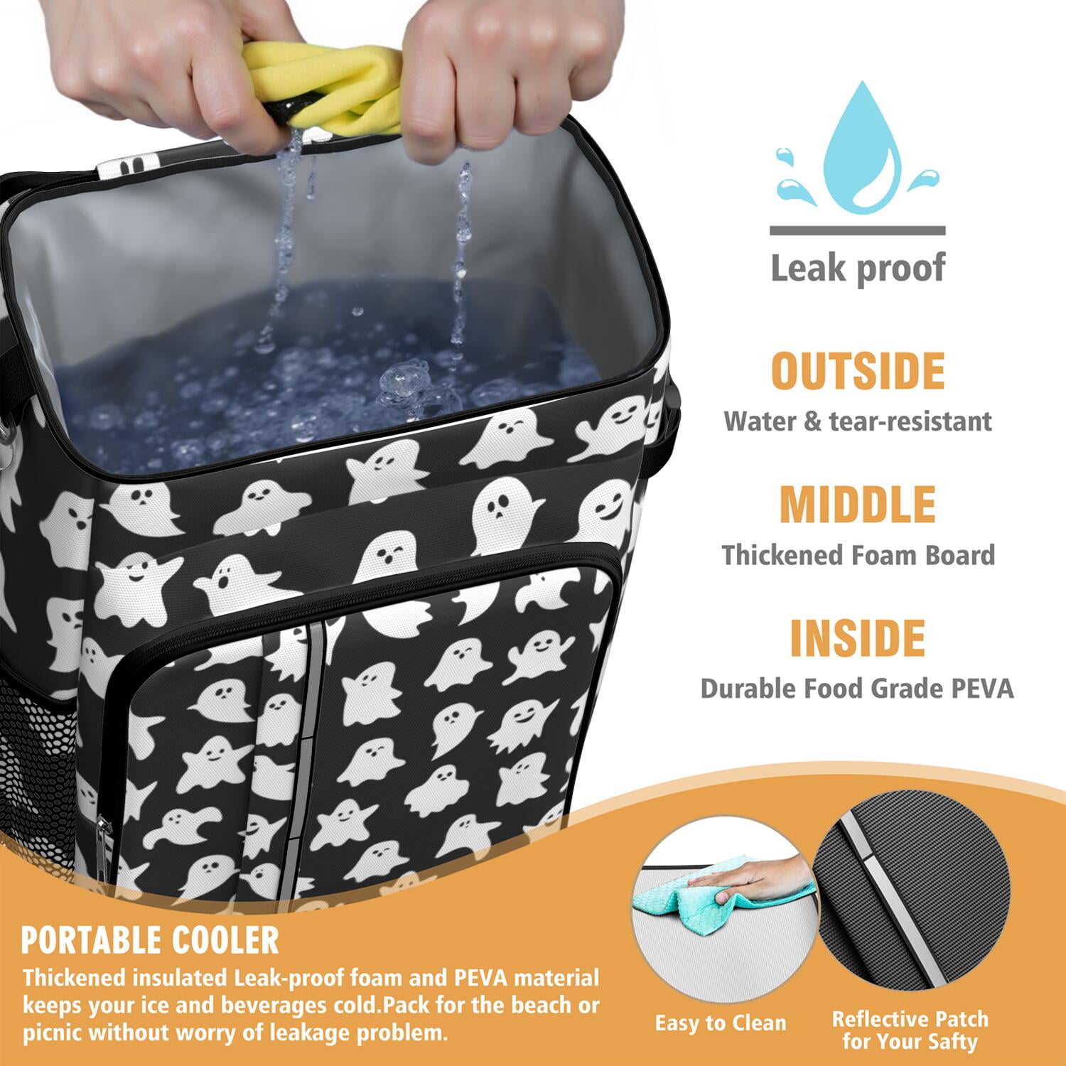 Travel Cooler Bag - Black Halloween Ghosts Camping Beer Cooler Backpack with Bottle Opener- Waterproof Insulated Picnic Backpacks - Cooler Bag for Beach