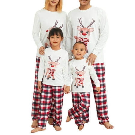 

EYIIYE Family Matching Christmas Pajamas Outfits Elk Print Tops Plaid Pants Sleepwear Pjs Set Loungewear for Adults Kids Baby Dog