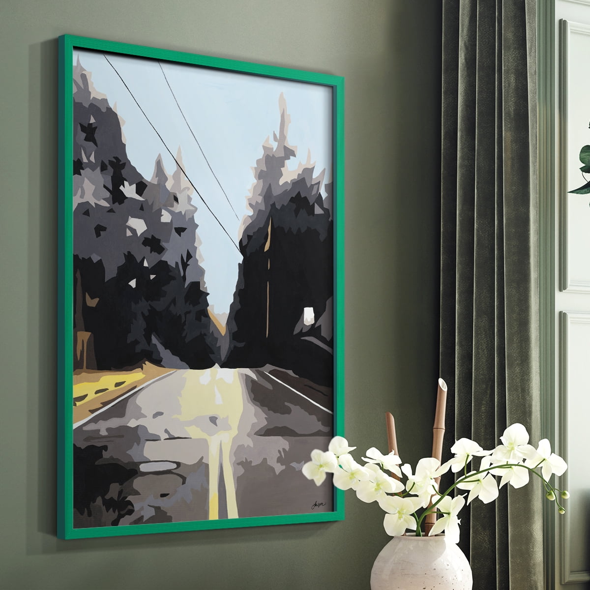 THE ROAD LESS TRAVELED Framed Print in Green Solid Wood Framed Print No Nail Hanging