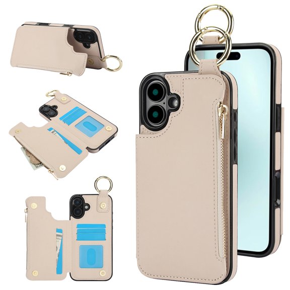 for iPhone 16 Plus Wallet Case with Card Holders for Women Girls, Zipper Protective PU Leather Case with Finger Ring RFID Protective Kickstand for iPhone 16 Plus, White