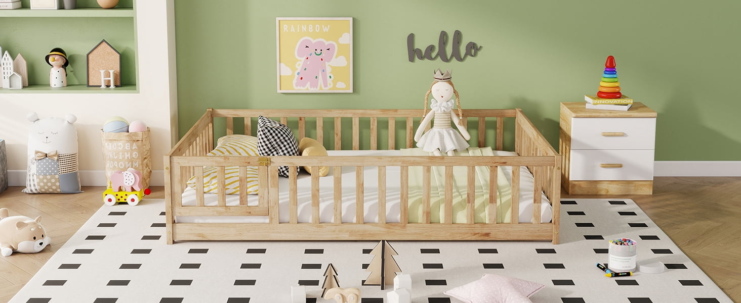 Natural Rubber Wood Full Size Kids Floor Bed with Surround Safety Fence & Access Door, 7 Wood Slats Platform Bed Holds 400LBS Fits ≤6 Inch Mattress No Box Spring Needed