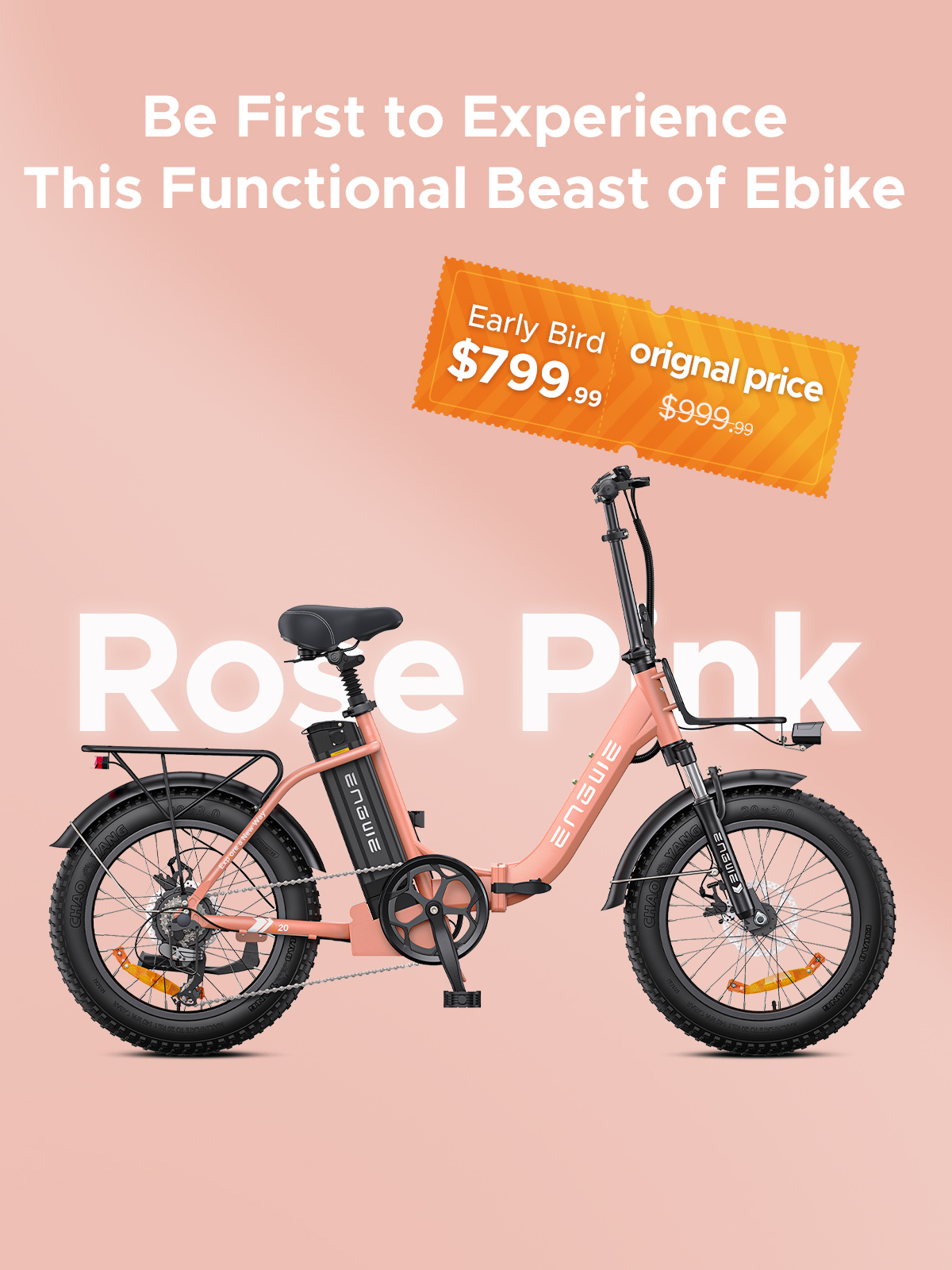 ENGWE 750W Folding Electric Bike for Adults Women, 20*3.0" Fat Tire Step-Thru Ebike 28MPH 75N.m Torque Urban Commuter, 52V13Ah 68Miles Long Range E-Bike 7-Speed Gear-L20 2.0 Pink(No Front Basket)