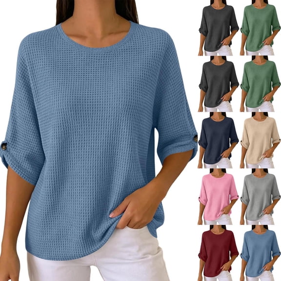 Aezemi Women Waffle 3/4 Sleeve Shirt Round Neck Pullover Knit Dressy Casual Breathable Comfy Blouses Spring Summer Outdoor Fashion Casual Tops L