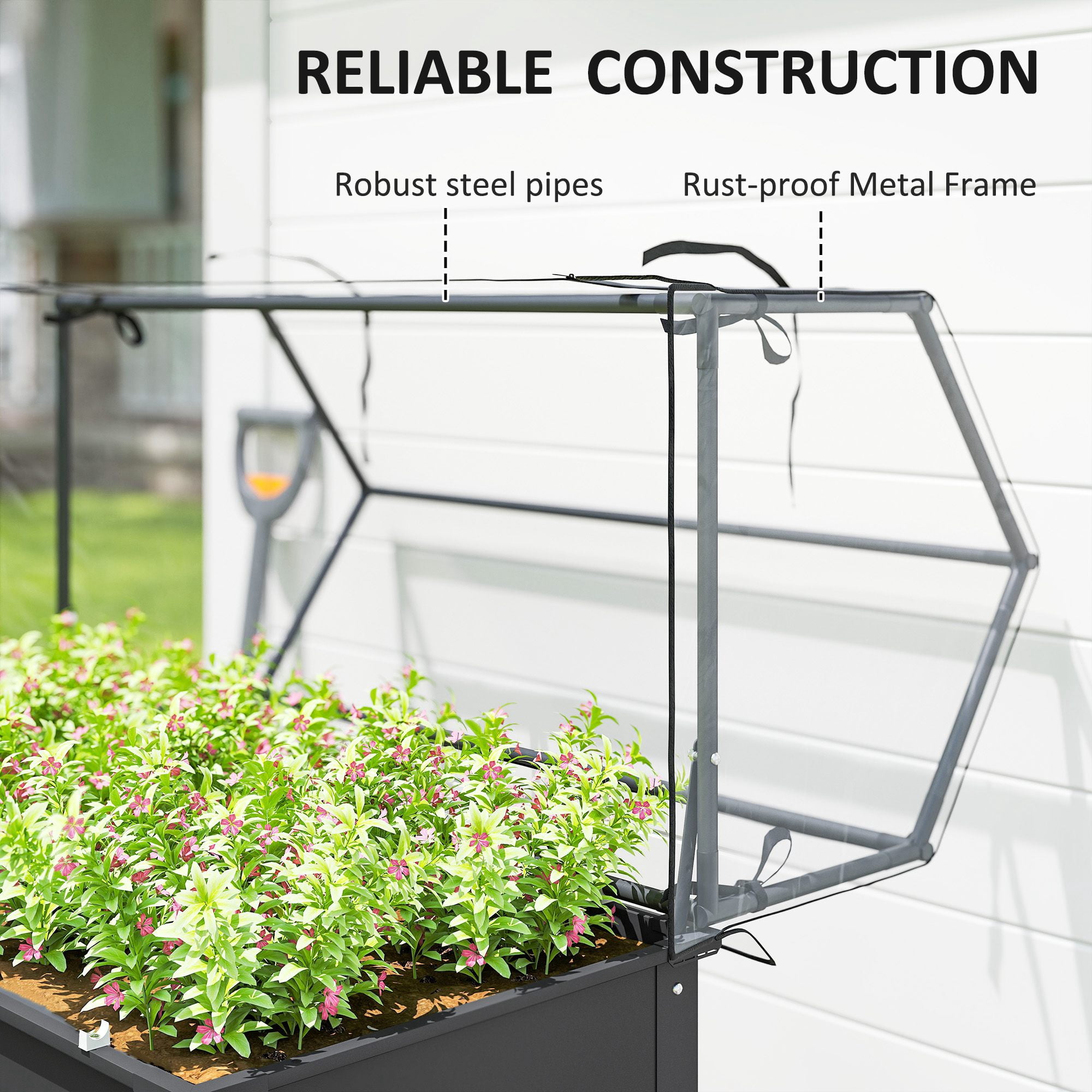 Outsunny Raised Garden Bed with Greenhouse Cover, Elevated Garden Box with Legs and Drainage Hole for Vegetables, Dark Gray
