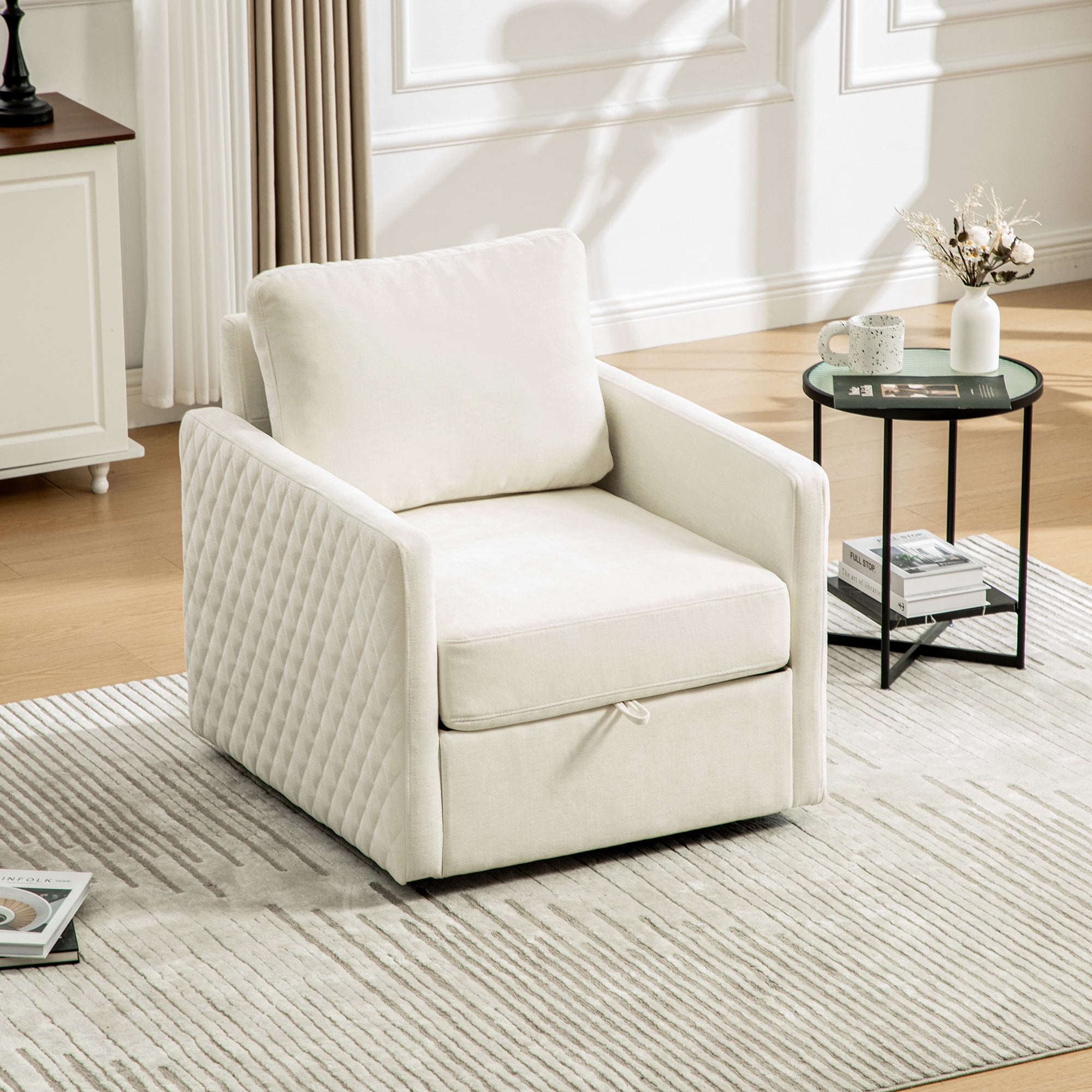 Leumius 360° Swivel Armchair with Hidden Storage, Comfy Diamond-Shape Tufted Armrests Accent Square Club Chair Single Sofa with Pillow for Living Room Bedroom Reading Nook Beige