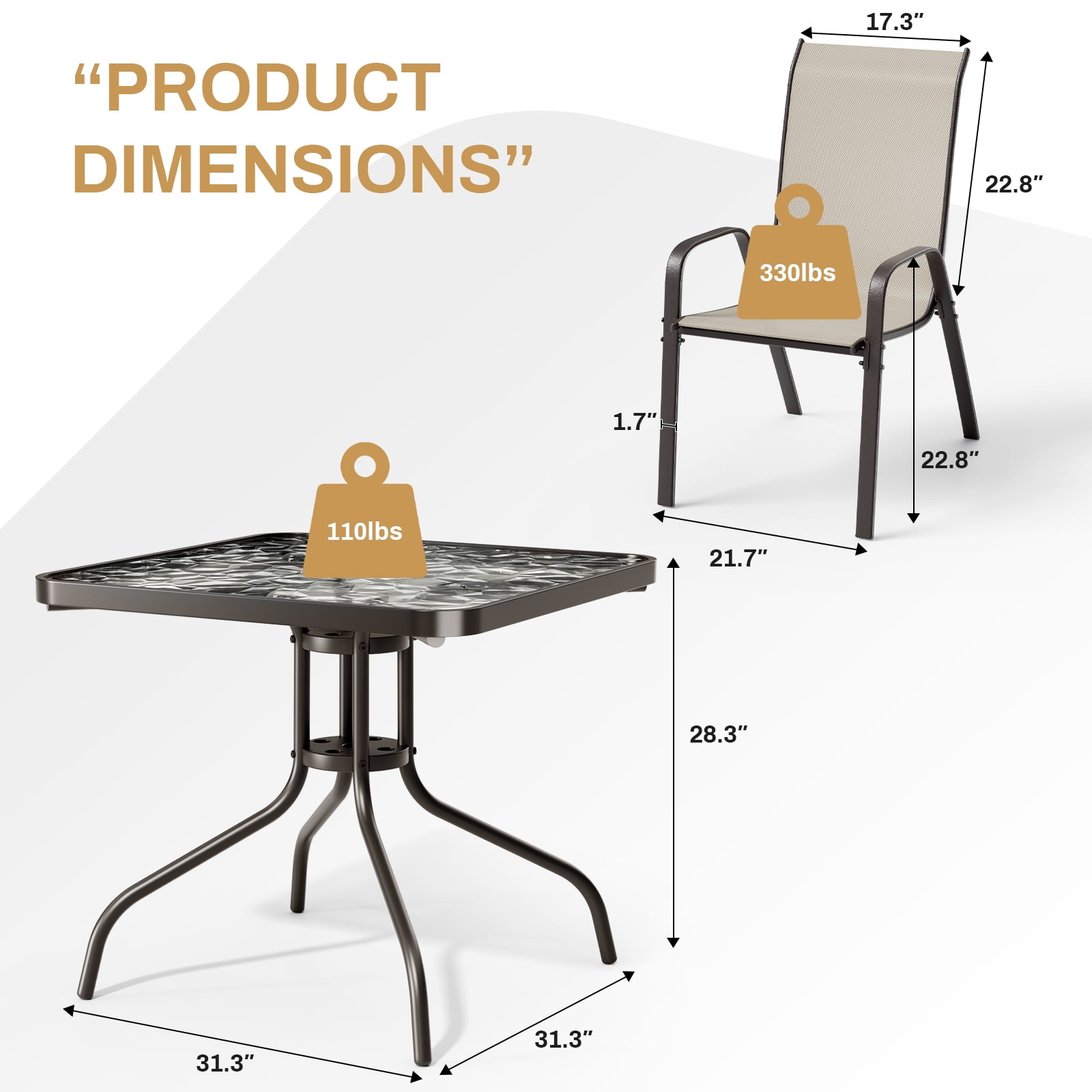 Pirecart Patio Dining Table and Chairs Set, Outdoor Dining Table with 4 Stackable Textilene Chairs for Patio, Lawn, Garden (Umbrella Not Included)