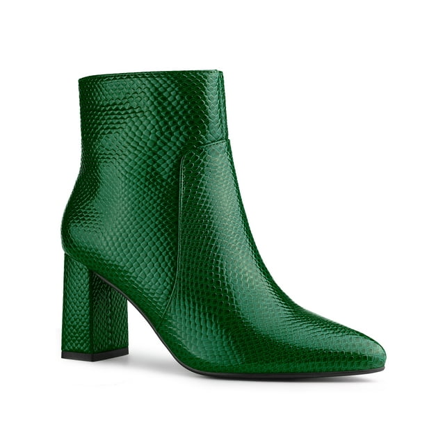 Unique Bargains Women's Pointed Toe Snake Print Chunky Heel Ankle Boots Green (Size 7)