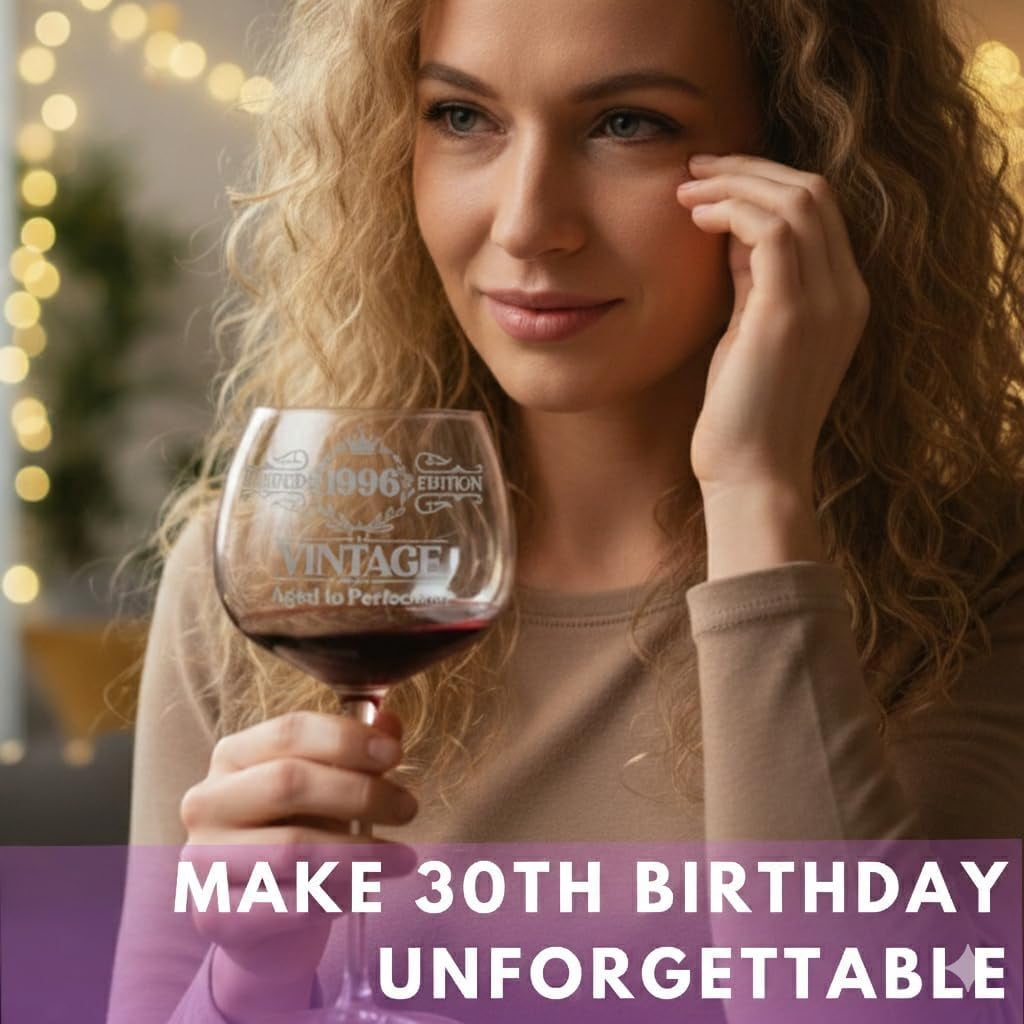 Vintage 1996 Engraved Wine Glass - 30th Birthday Gifts for Her, 30 Year Old Women Gift, 1996 Woman Wine Glass, Turning Thirty Present, 30th Birthday Gifts Ideas for Daughter, Wife, Sister, Ladies