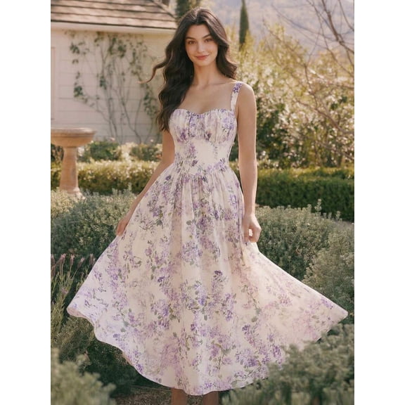 Apricot Floral Midi Dress With Pockets Vintage Cottagecore Sweetheart Neckline Summer Casual Wedding Guest