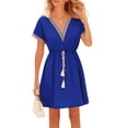 thumbnail image 2 of Vestido De Verano Vestido de playa para mujer con cuello en V y cordón en la cintura con ribete de encaje (azul S) Cgtredaw Para estrenar, 2 of 6