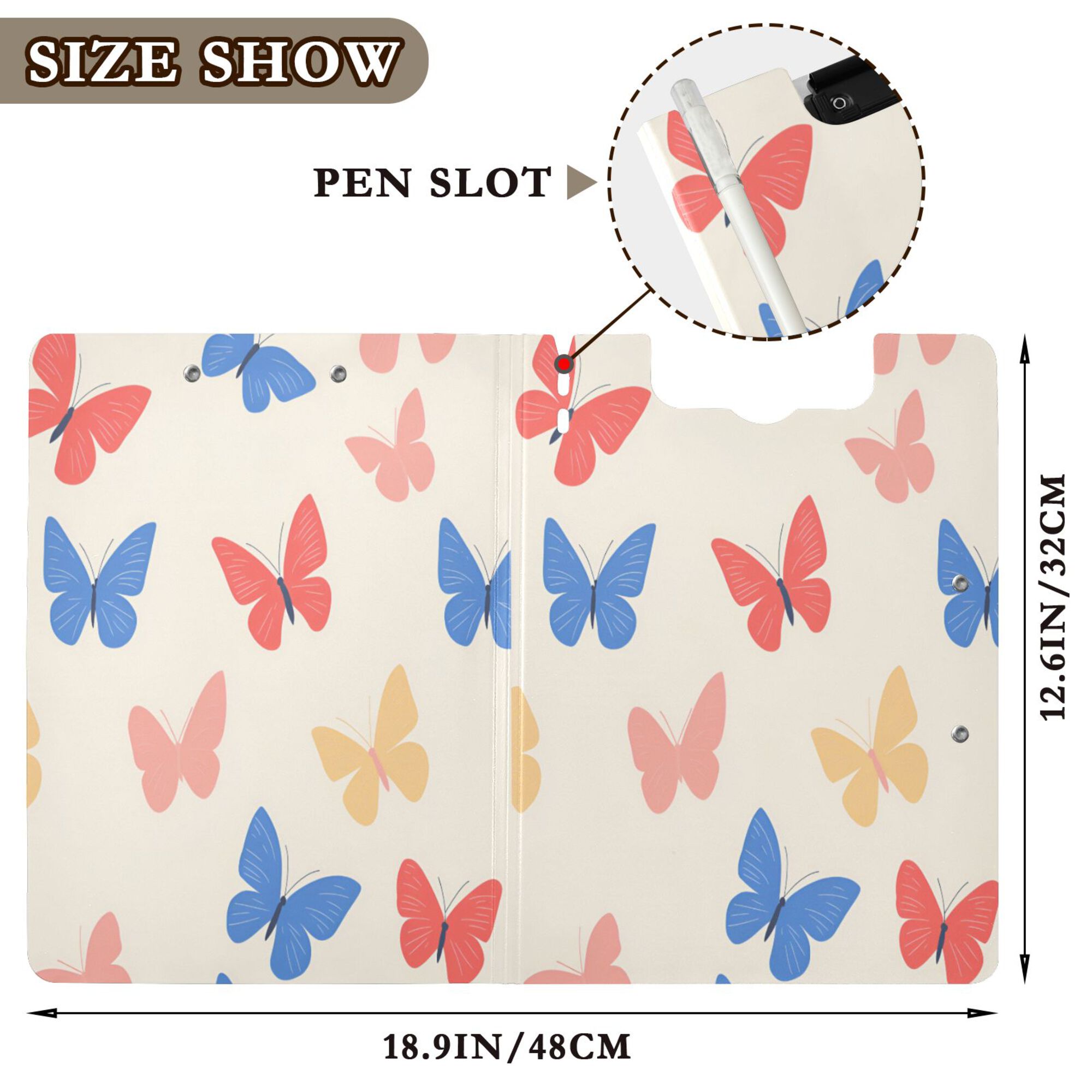 FORMRS A4 Clipboard Folder with Pen Holder Horizontal Foldable School Office Binder, Red Butterflies