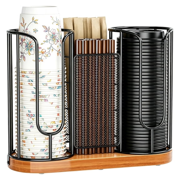 Liwantech Coffee Cup and Lid Holder, Disposable Cups Straws Organizer with Wooden Base, for Countertop Coffee Station Office Kitchen