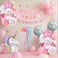 thumbnail image 4 of Set de decoración de fiesta con forma de unicornio para niñas que cumplen 7 años con globos, 4 of 7