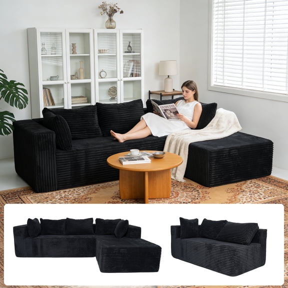 Frxeyaliz 100" Corduroy Modular Sectional Sofa, Boneless L-Shape Couch with Deep Seats, No Assembly Required for Living Room, Black