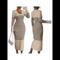 thumbnail image 3 of Vestido de Suéter A Rayas con Cuello en V para Mujer, Larga, Ajustado, Midi. Caqui M, 3 of 7