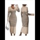 thumbnail image 3 of Vestido de Suéter A Rayas con Cuello en V para Mujer, Larga, Ajustado, Midi. Caqui L, 3 of 7