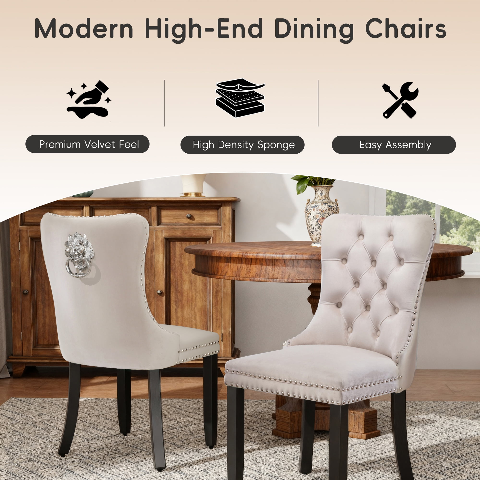 DONICK Velvet Upholstered Dining Chair Set of 2,Modern Tufted Kitchen Chairs Nailhead Lion Pull Ring Black Wood Legs(Beige)