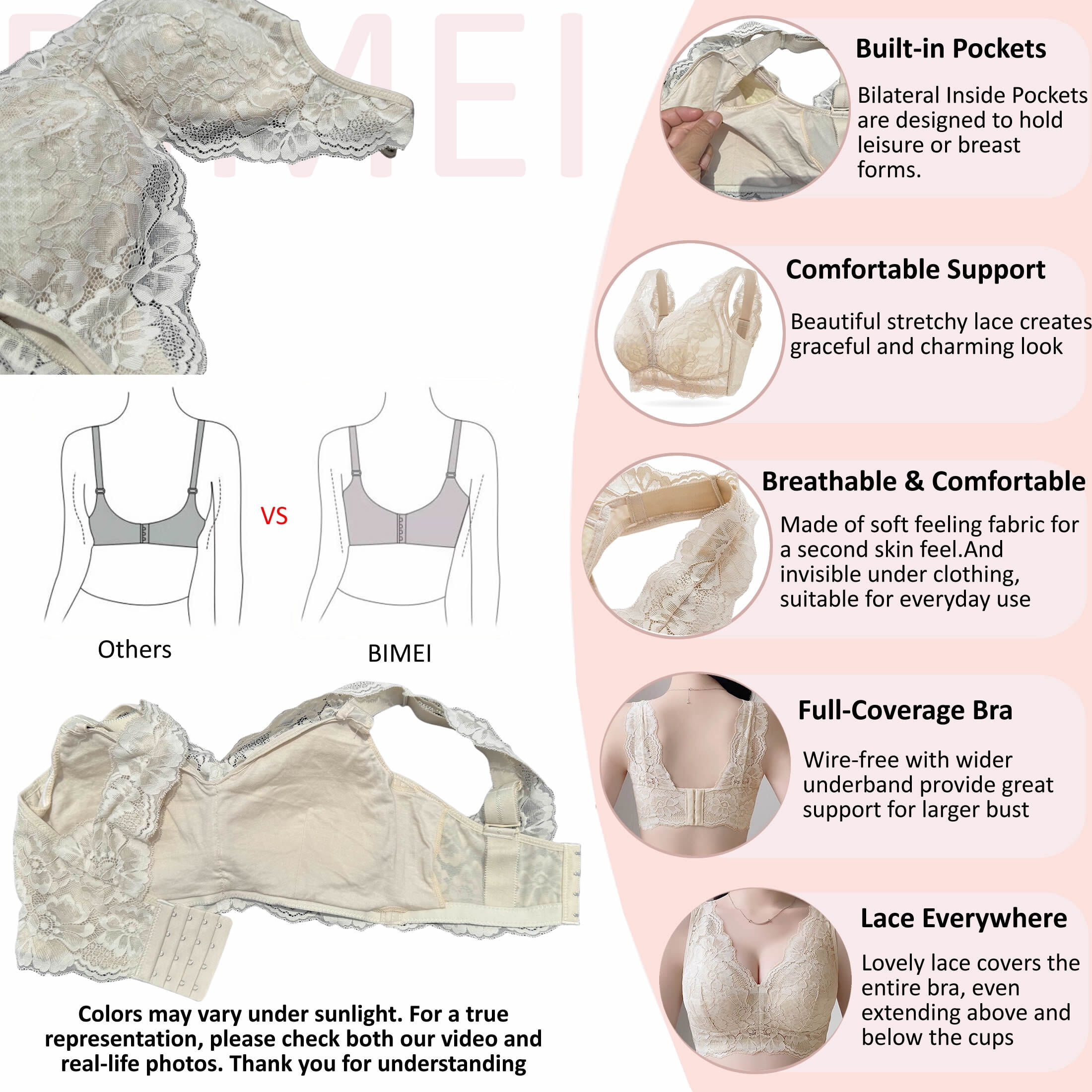 BIMEI Women's Mastectomy Pockets Wireless Post-Surgery Plus Size Full Coverage Everyday Bra 2461,Beige,36B