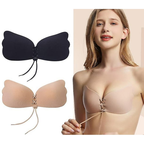 Sujetador sin espalda con plumas invisibles de 2 piezas para mujer (apto para tallas de copa C), sujetador push up adhesivo reutilizable, sujetador adhesivo con efecto agradable para la piel