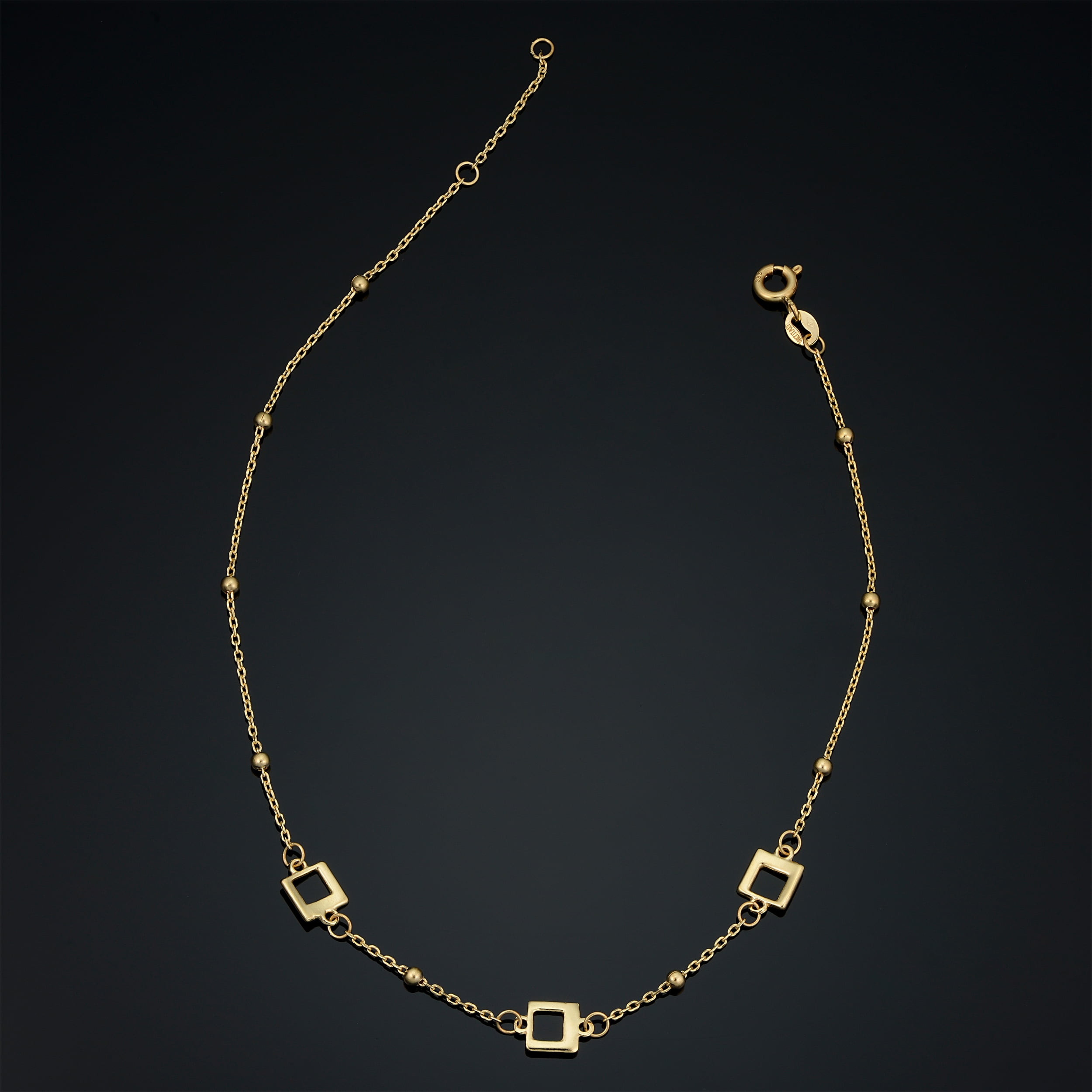 KoolJewelry 14k Yellow Gold Squares and Beads Station Adjustable Length Anklet (adjusts to 9 or 10 inch)