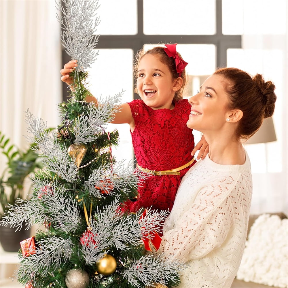 NOGIS Artificial Glitter Pine Tree Twig Ornaments, 24 Pcs Christmas Artificial Pine Branches Faux Cedar Picks Decorative Sticks Glittery Stems for Vase Fillers Holiday Wedding Decor (Silver)