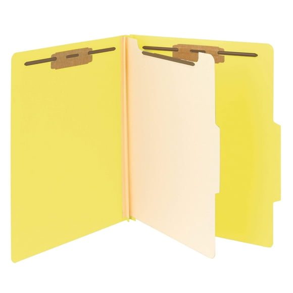 Carpeta de archivos de clasificación enmarañada con 1 letra amarilla divisoria