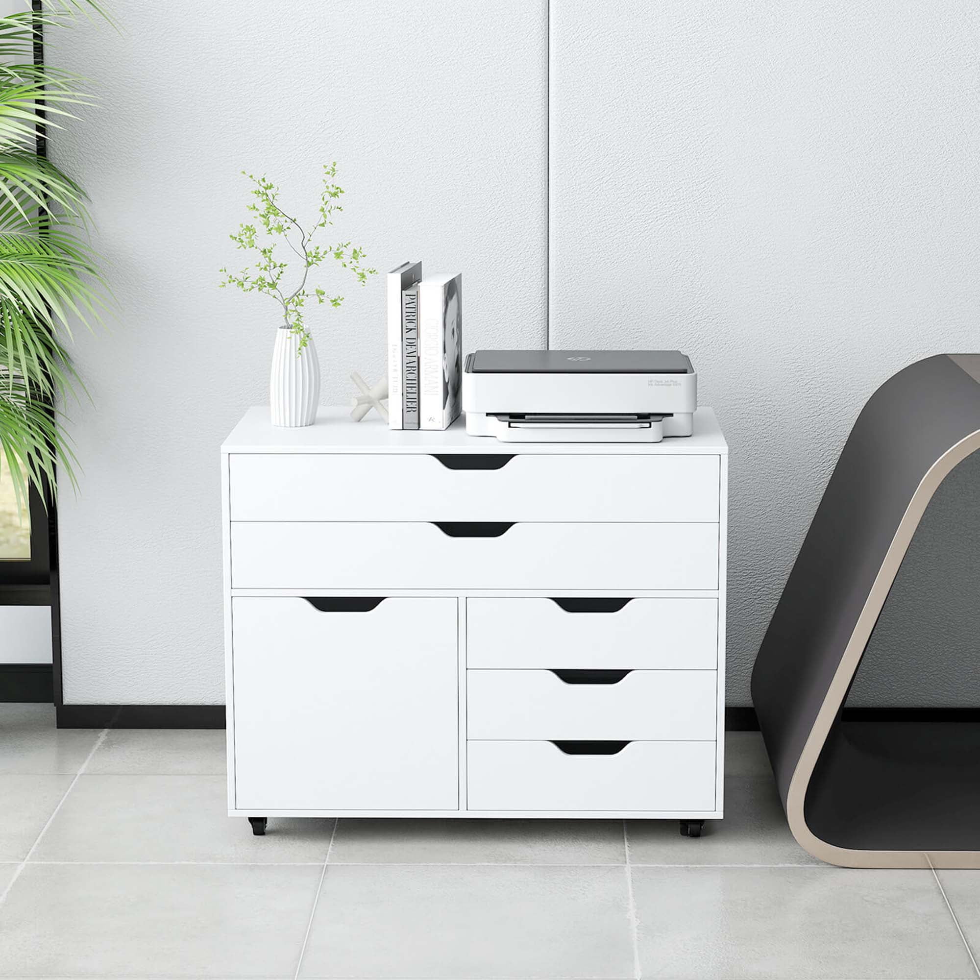 Costway 5-Drawer File Cabinet Mobile Chest of Drawers with Side Cabinet 5 Casters