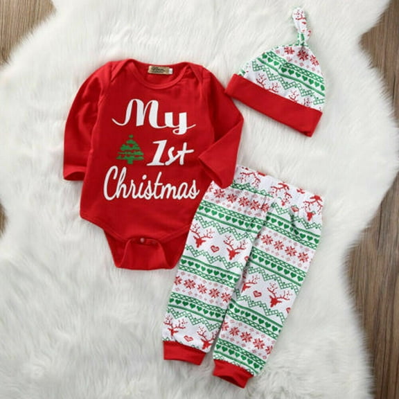 Newborn Baby Boys Girls My 1st Christmas Cotton Romper Tops Pants Hat Outfits