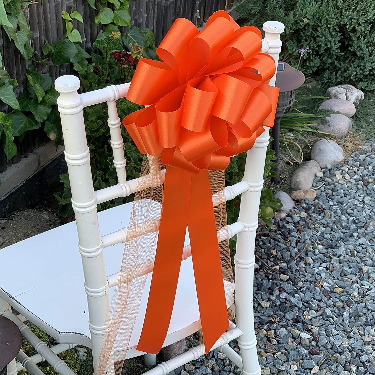 Large Orange Wedding Pull Bows with Long Tulle Tails - 9" Wide, Set of 6, Easter, Spring, Summer, Halloween, Thanksgiving