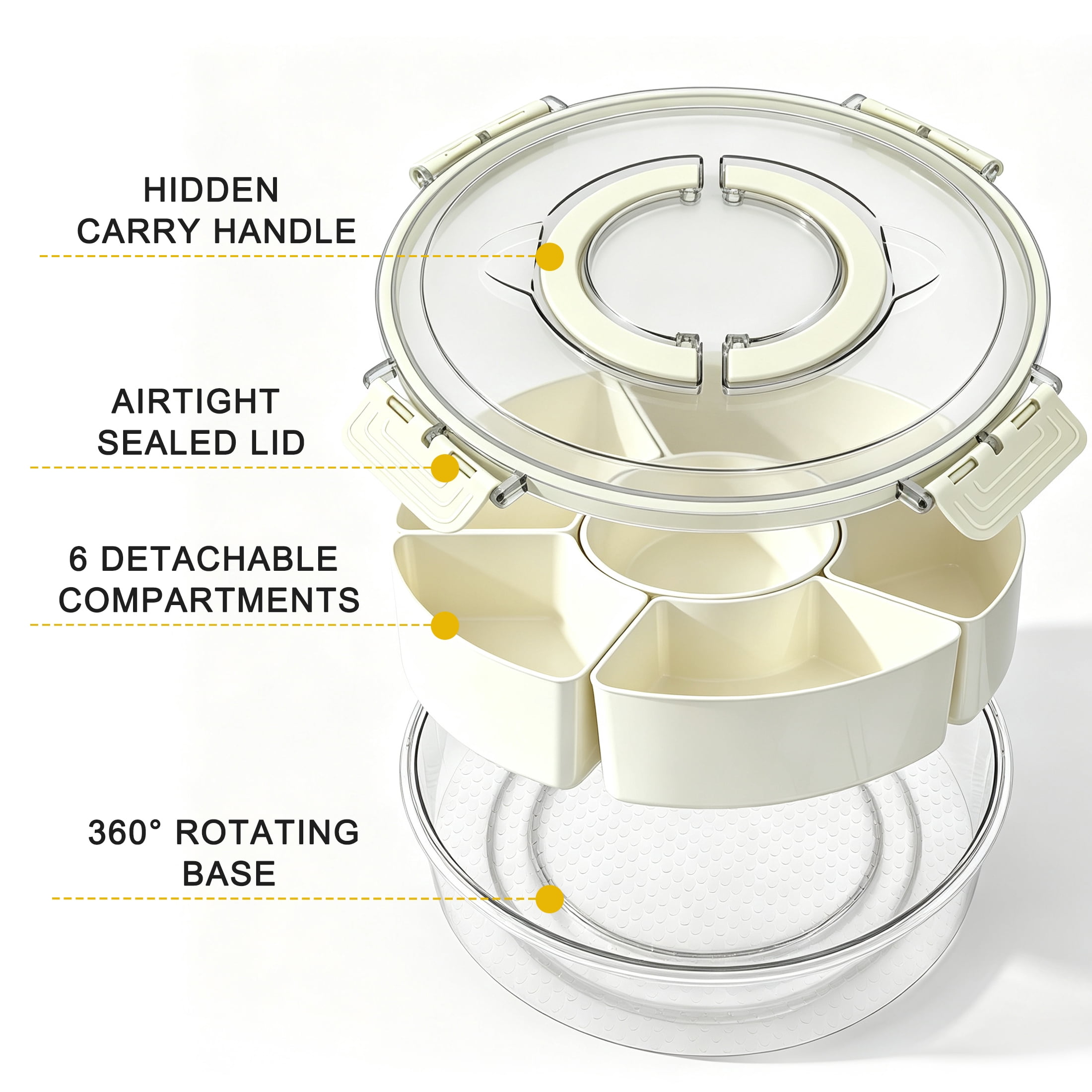 GARITIN Divided Serving Tray with Lid, Portable Snackle Box Container, Detachable Snack Platter for Fruit Nut Candy Dip